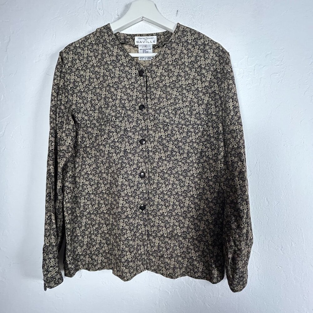 Vintage Rena Rowan For Saville Womens Floral Button-Up Blouse Size 6 Black/Beige